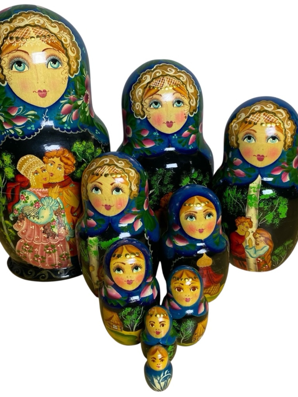 Matryoshka Nesting Dolls Wooden Hand Painted Set of 9 Blue Fairytale Signed